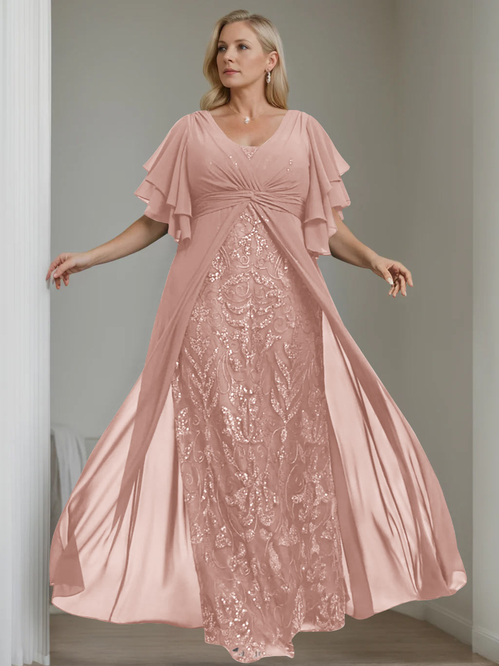 Ligne A/Princesse Col en V Demi-manches La Longueur du Sol Plus Taille Robes Mère de La Mariée avec Pleated