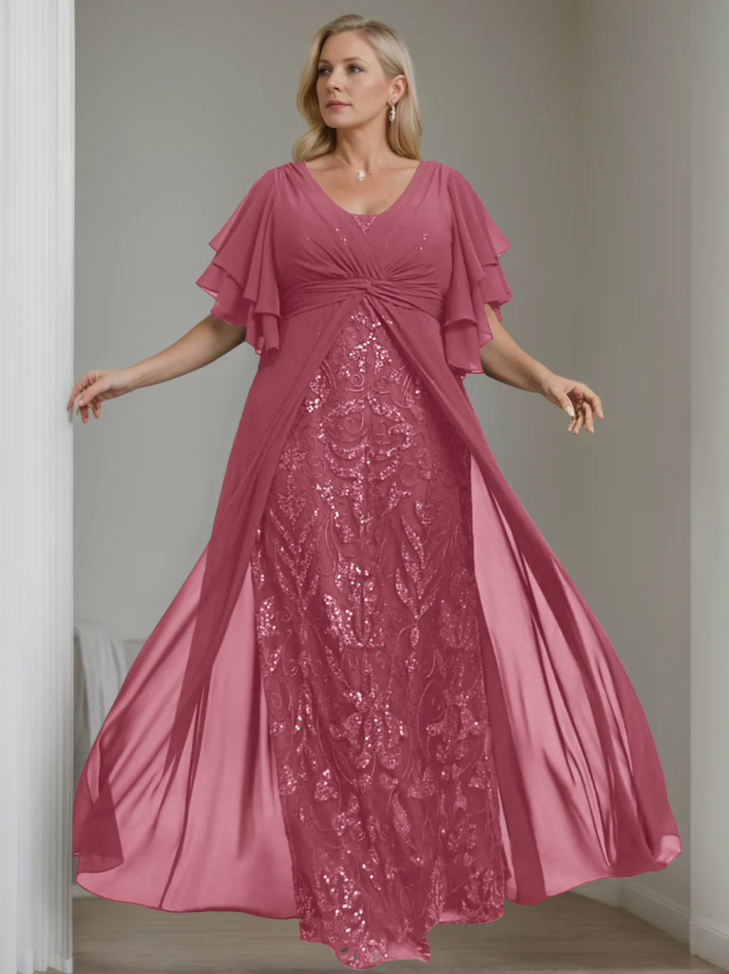 Ligne A/Princesse Col en V Demi-manches La Longueur du Sol Plus Taille Robes Mère de La Mariée avec Pleated