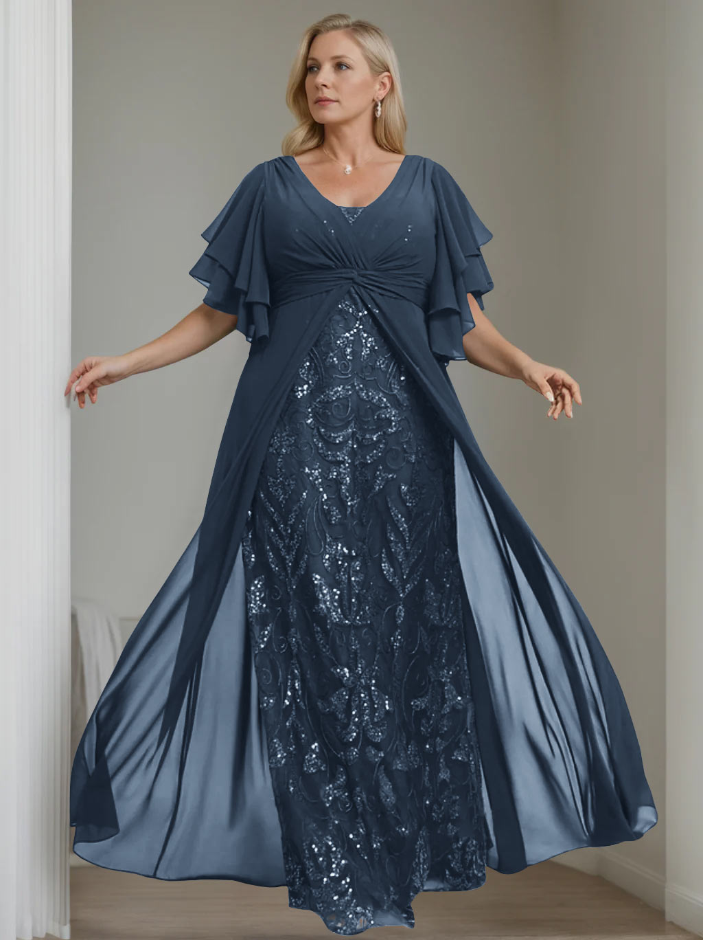 Ligne A/Princesse Col en V Demi-manches La Longueur du Sol Plus Taille Robes Mère de La Mariée avec Pleated