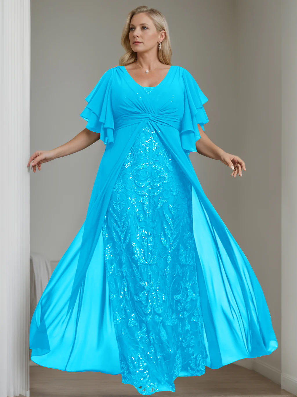 Ligne A/Princesse Col en V Demi-manches La Longueur du Sol Plus Taille Robes Mère de La Mariée avec Pleated