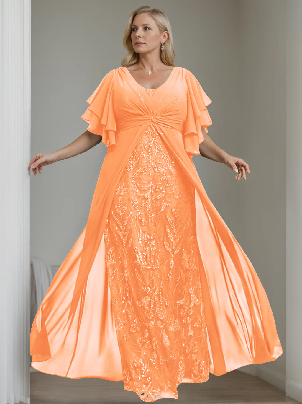 Ligne A/Princesse Col en V Demi-manches La Longueur du Sol Plus Taille Robes Mère de La Mariée avec Pleated