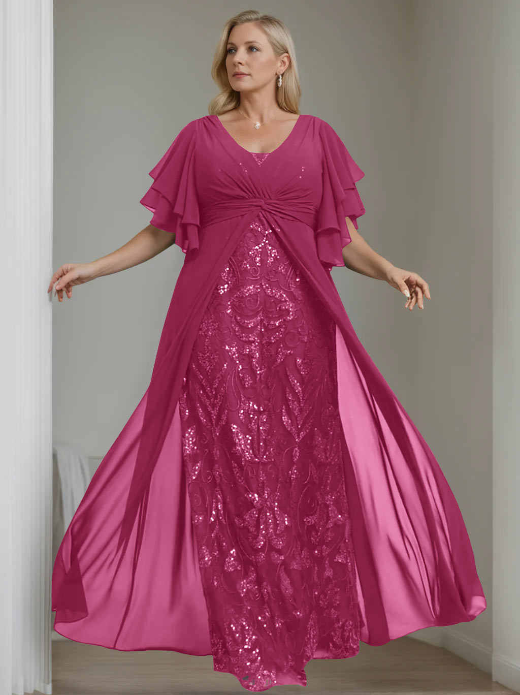Ligne A/Princesse Col en V Demi-manches La Longueur du Sol Plus Taille Robes Mère de La Mariée avec Pleated