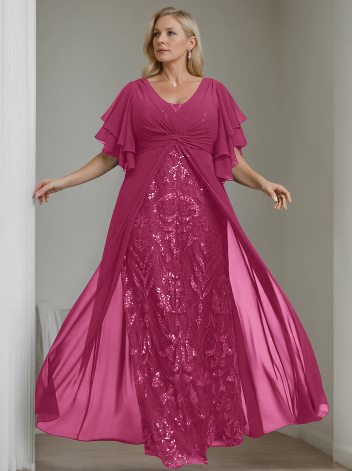 Ligne A/Princesse Col en V Demi-manches La Longueur du Sol Plus Taille Robes Mère de La Mariée avec Pleated