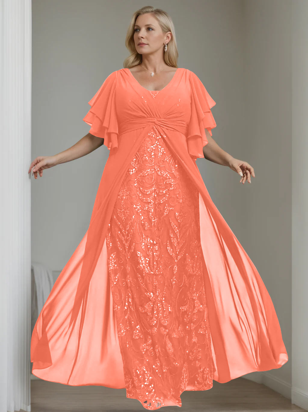 Ligne A/Princesse Col en V Demi-manches La Longueur du Sol Plus Taille Robes Mère de La Mariée avec Pleated
