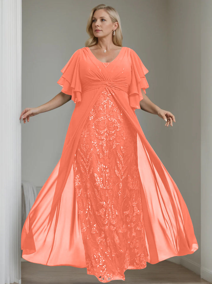 Ligne A/Princesse Col en V Demi-manches La Longueur du Sol Plus Taille Robes Mère de La Mariée avec Pleated