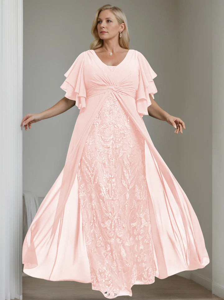 Ligne A/Princesse Col en V Demi-manches La Longueur du Sol Plus Taille Robes Mère de La Mariée avec Pleated