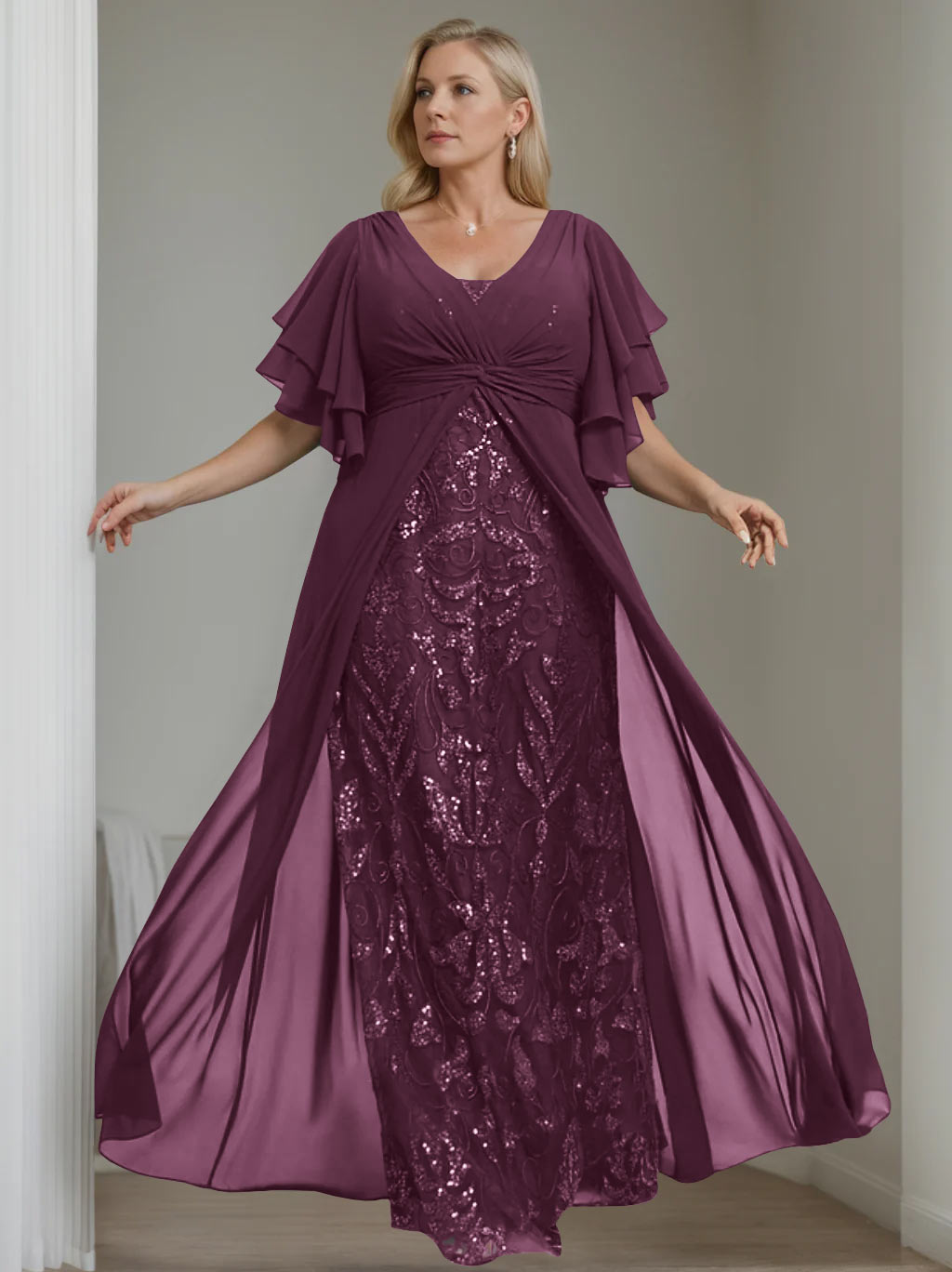 Ligne A/Princesse Col en V Demi-manches La Longueur du Sol Plus Taille Robes Mère de La Mariée avec Pleated