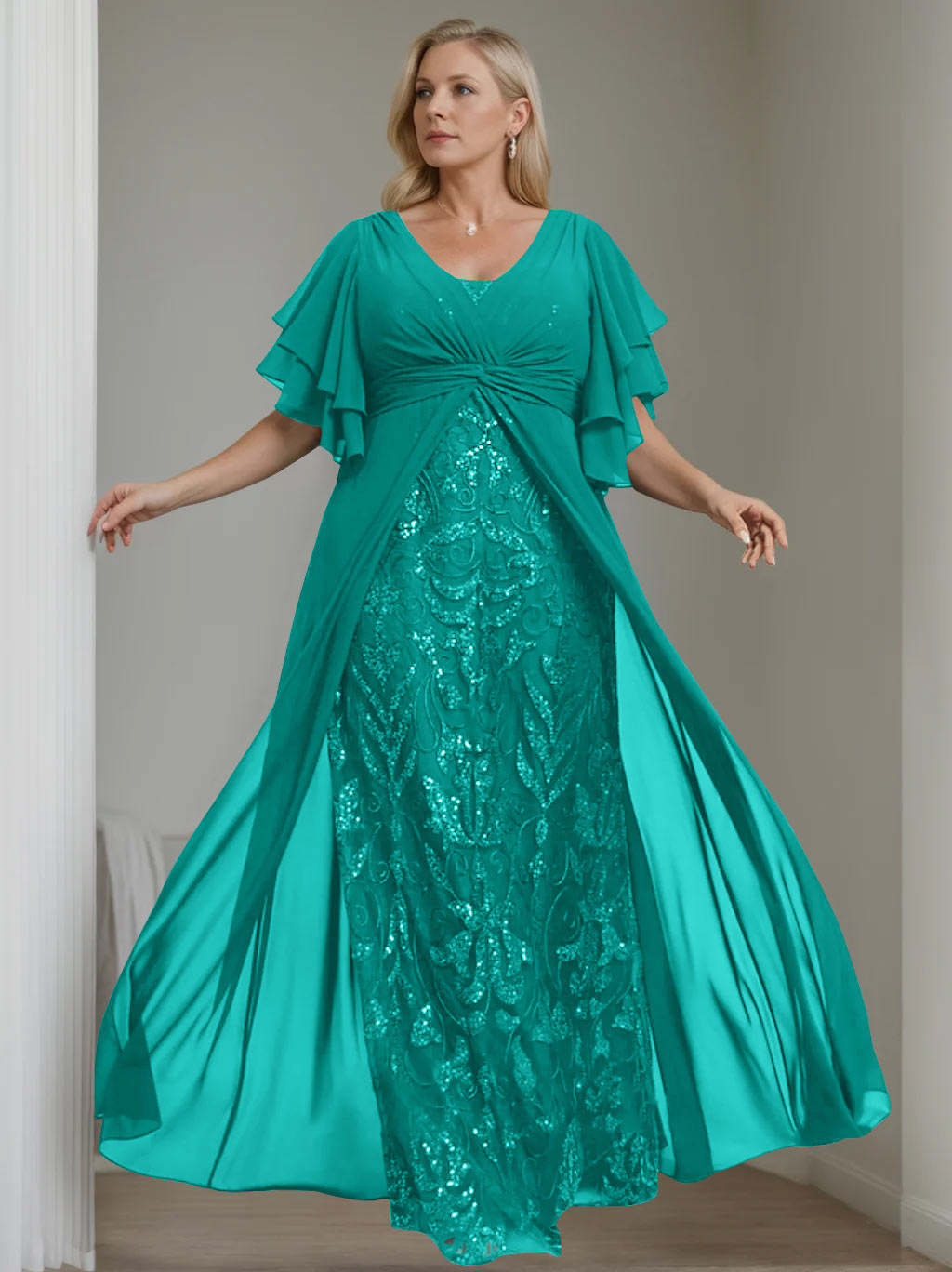 Ligne A/Princesse Col en V Demi-manches La Longueur du Sol Plus Taille Robes Mère de La Mariée avec Pleated