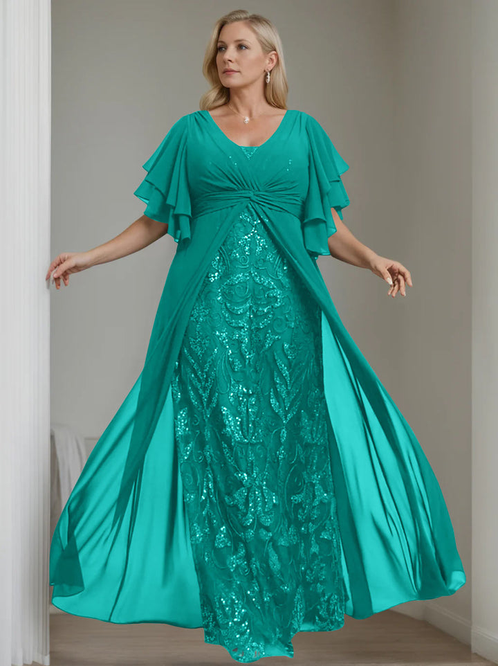 Ligne A/Princesse Col en V Demi-manches La Longueur du Sol Plus Taille Robes Mère de La Mariée avec Pleated