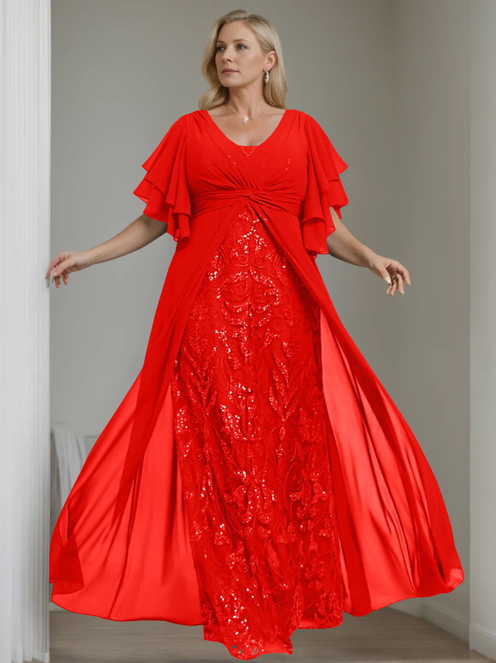 Ligne A/Princesse Col en V Demi-manches La Longueur du Sol Plus Taille Robes Mère de La Mariée avec Pleated