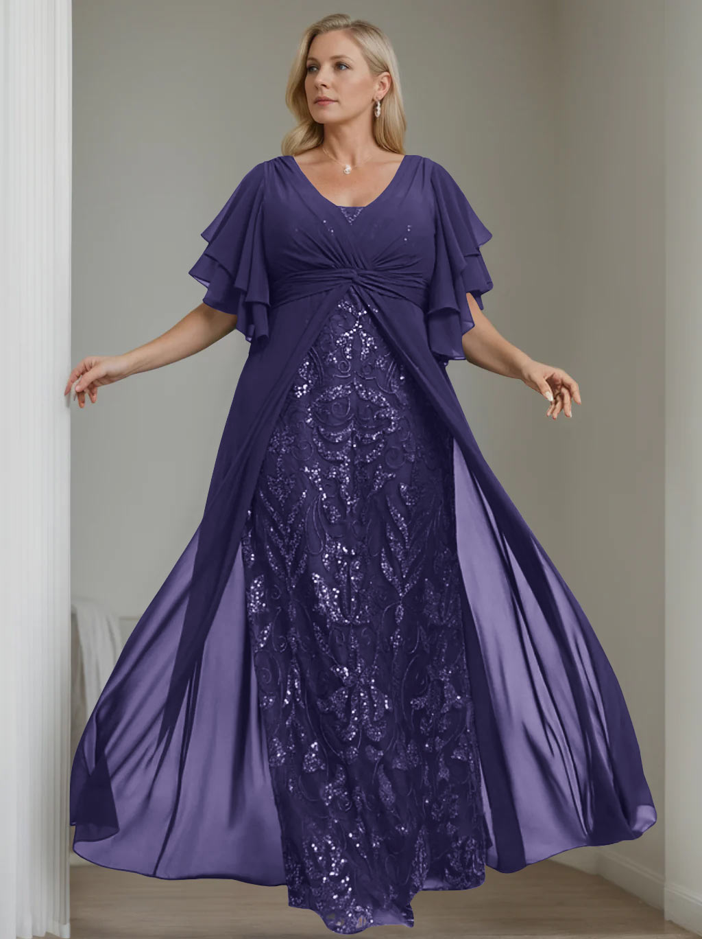 Ligne A/Princesse Col en V Demi-manches La Longueur du Sol Plus Taille Robes Mère de La Mariée avec Pleated