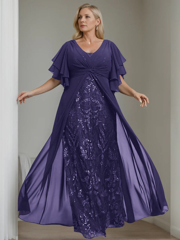 Ligne A/Princesse Col en V Demi-manches La Longueur du Sol Plus Taille Robes Mère de La Mariée avec Pleated