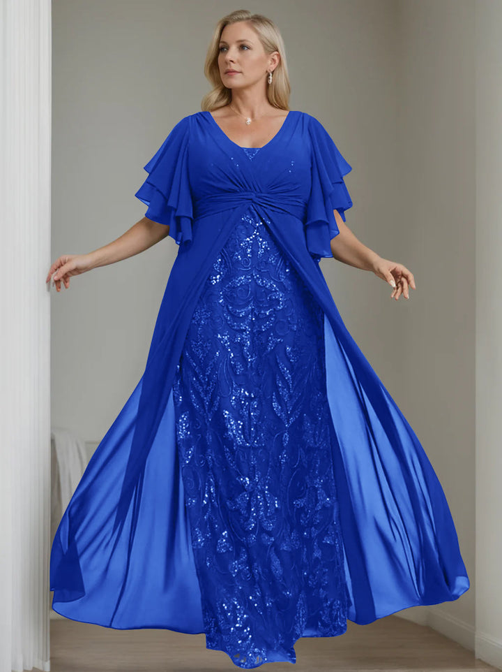Ligne A/Princesse Col en V Demi-manches La Longueur du Sol Plus Taille Robes Mère de La Mariée avec Pleated