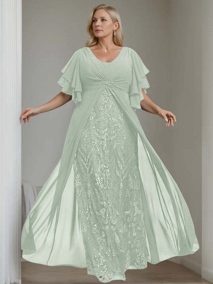 Ligne A/Princesse Col en V Demi-manches La Longueur du Sol Plus Taille Robes Mère de La Mariée avec Pleated