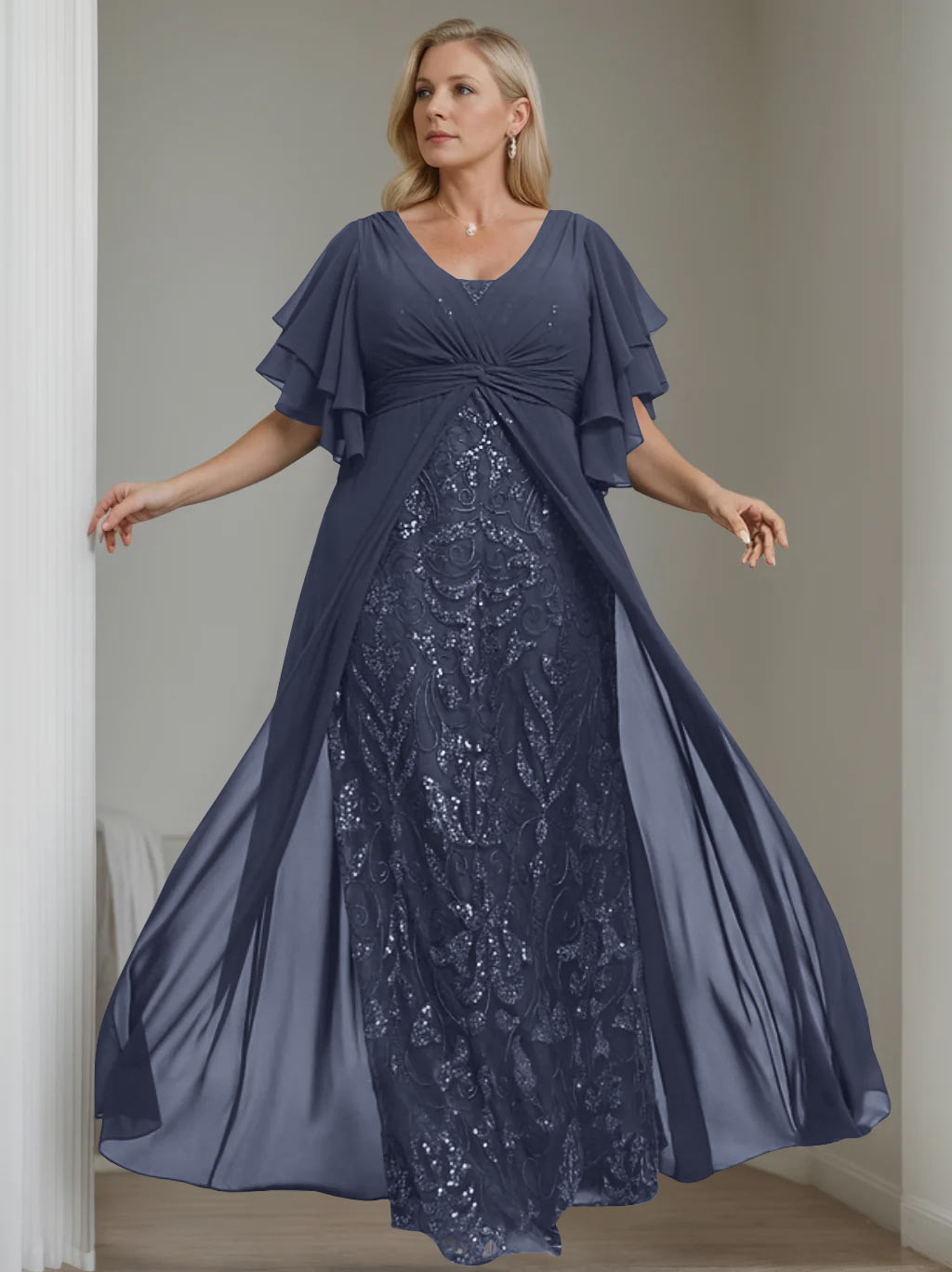 Ligne A/Princesse Col en V Demi-manches La Longueur du Sol Plus Taille Robes Mère de La Mariée avec Pleated