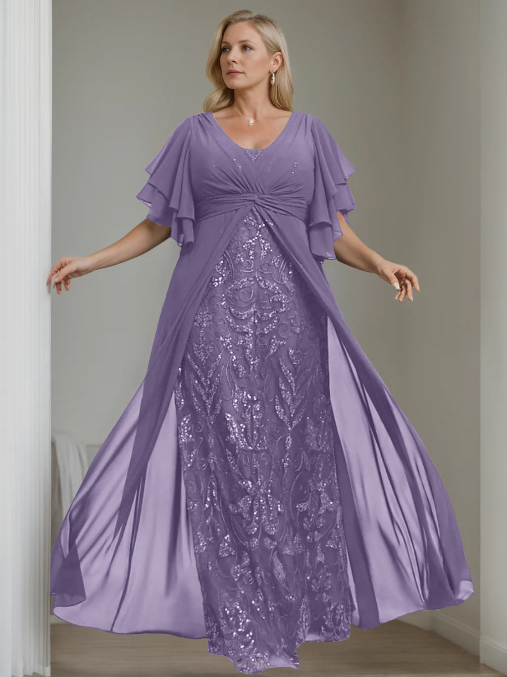 Ligne A/Princesse Col en V Demi-manches La Longueur du Sol Plus Taille Robes Mère de La Mariée avec Pleated