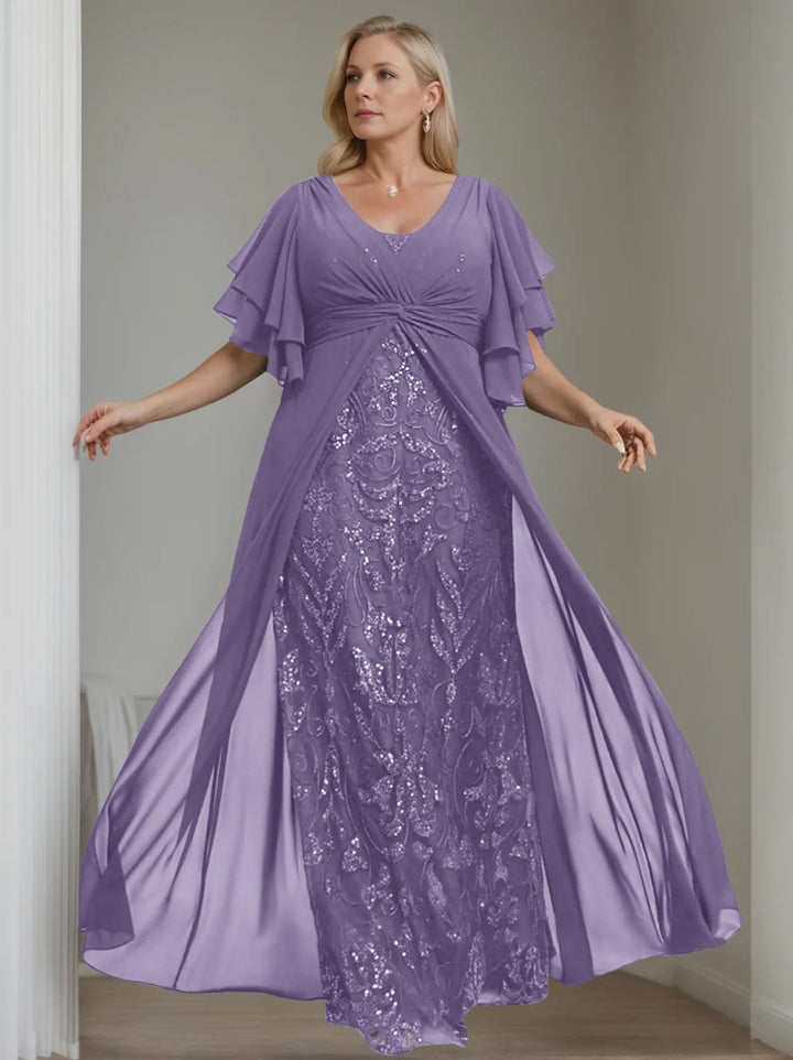 Ligne A/Princesse Col en V Demi-manches La Longueur du Sol Plus Taille Robes Mère de La Mariée avec Pleated