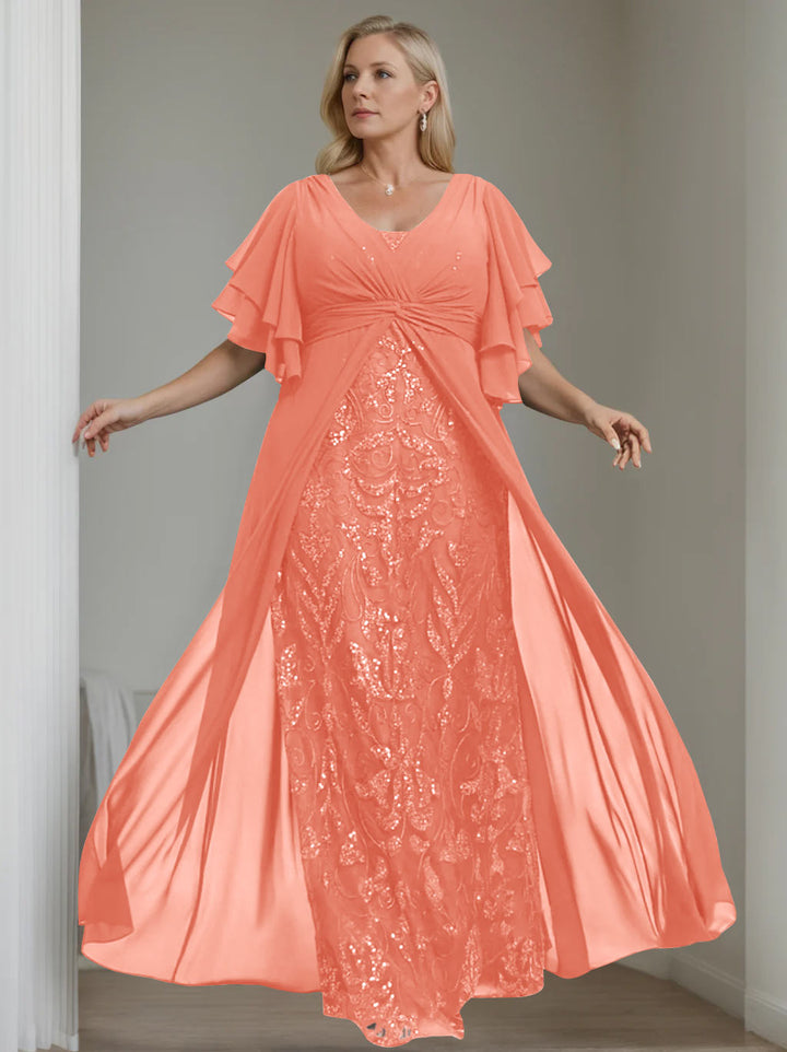 Ligne A/Princesse Col en V Demi-manches La Longueur du Sol Plus Taille Robes Mère de La Mariée avec Pleated