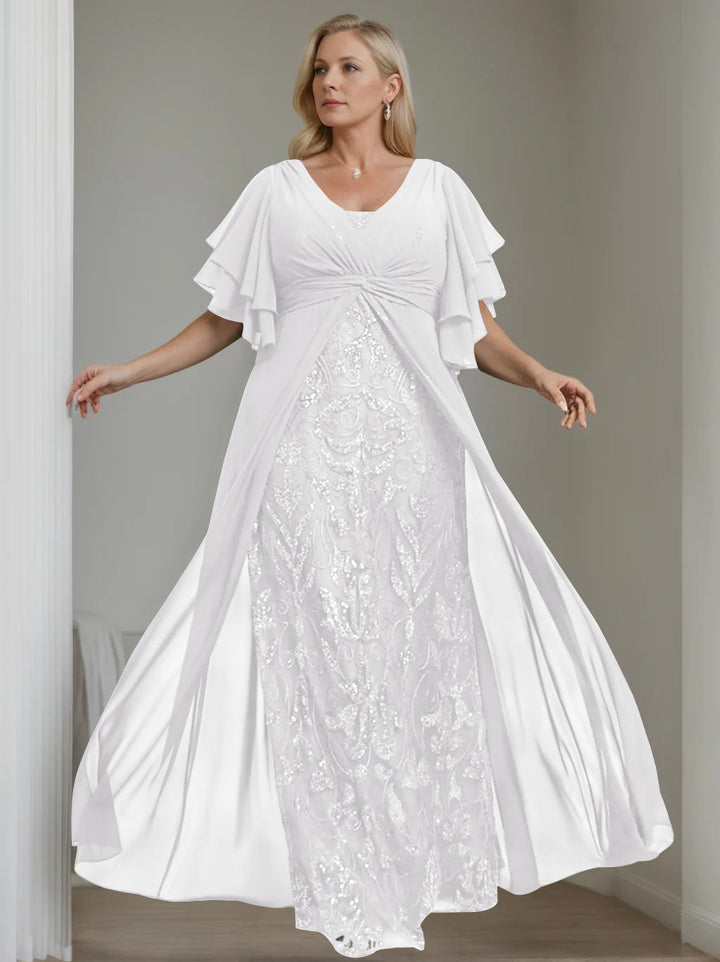 Ligne A/Princesse Col en V Demi-manches La Longueur du Sol Plus Taille Robes Mère de La Mariée avec Pleated