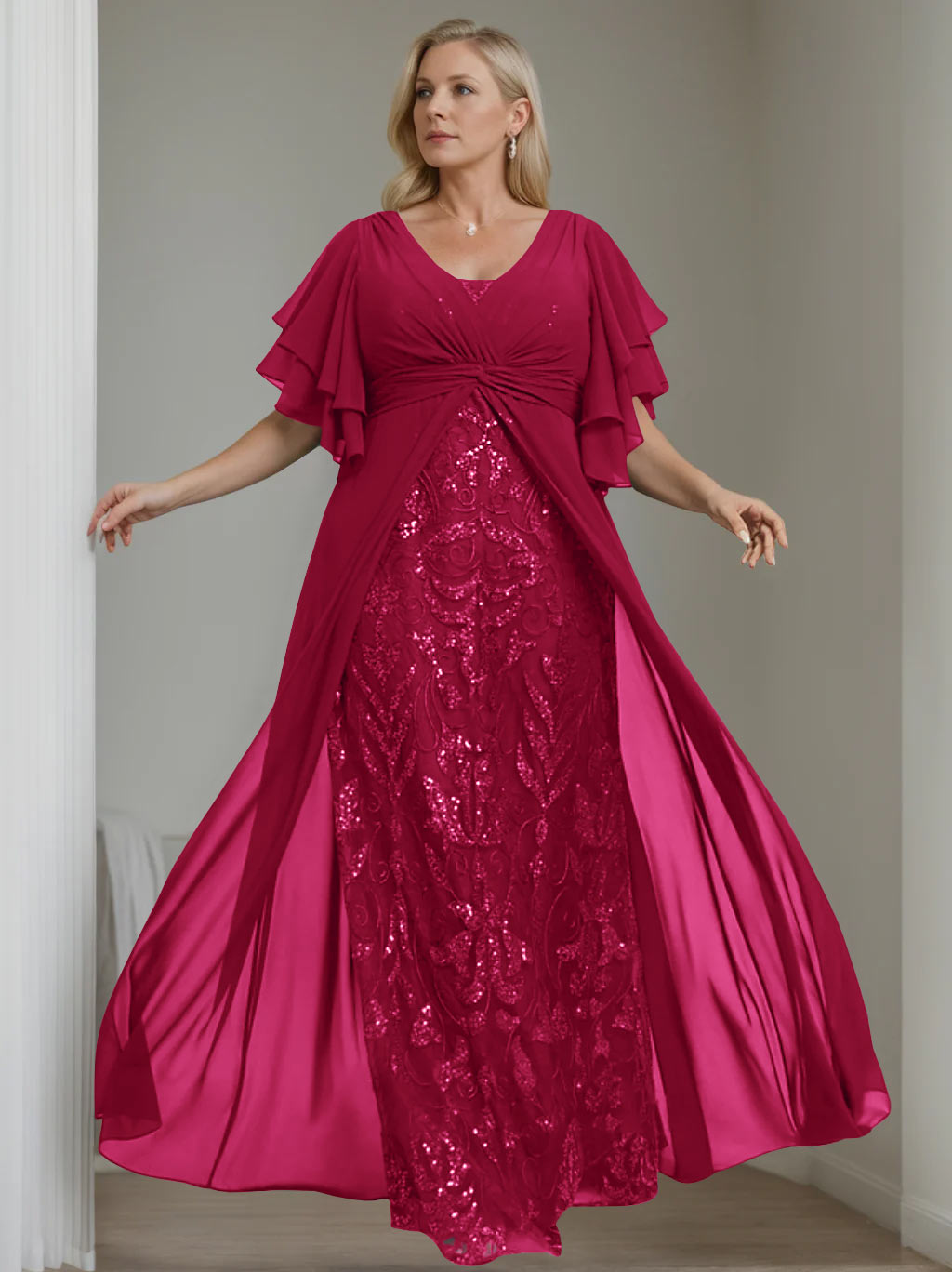 Ligne A/Princesse Col en V Demi-manches La Longueur du Sol Plus Taille Robes Mère de La Mariée avec Pleated