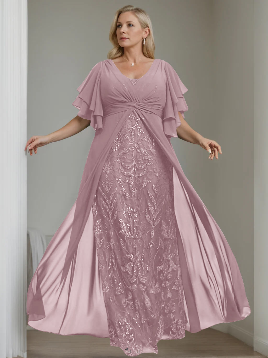 Ligne A/Princesse Col en V Demi-manches La Longueur du Sol Plus Taille Robes Mère de La Mariée avec Pleated