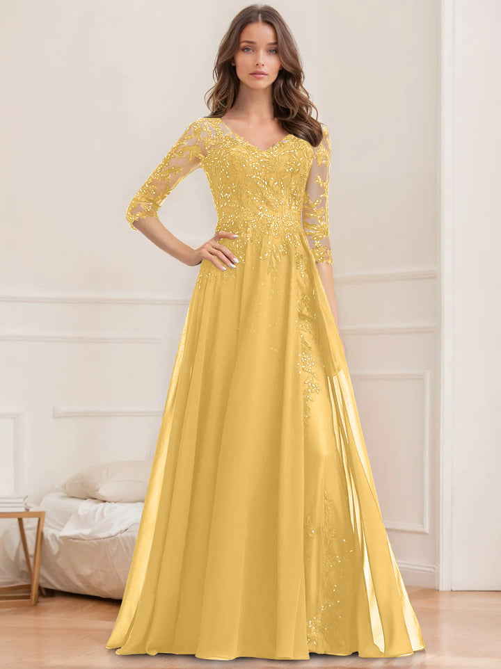 Robe de Mère de la Mariée Coupe A-Line/Princesse, Col en V, Manches Mi-Longues, Longueur Au Sol, avec Paillettes