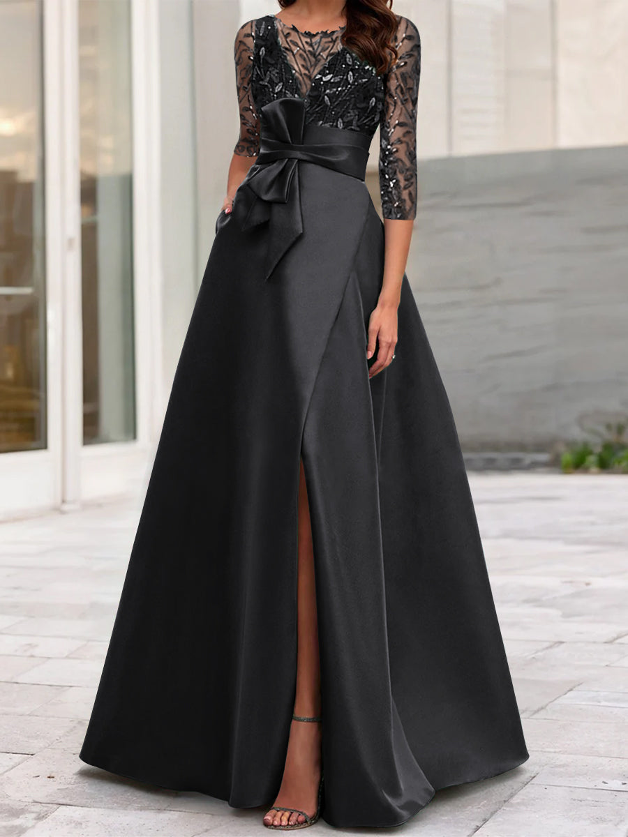 Robe de Mère de la Mariée Coupe A-Line/Princess à Encolure Illusion et Manches 3/4 avec Fente Sur le Côté