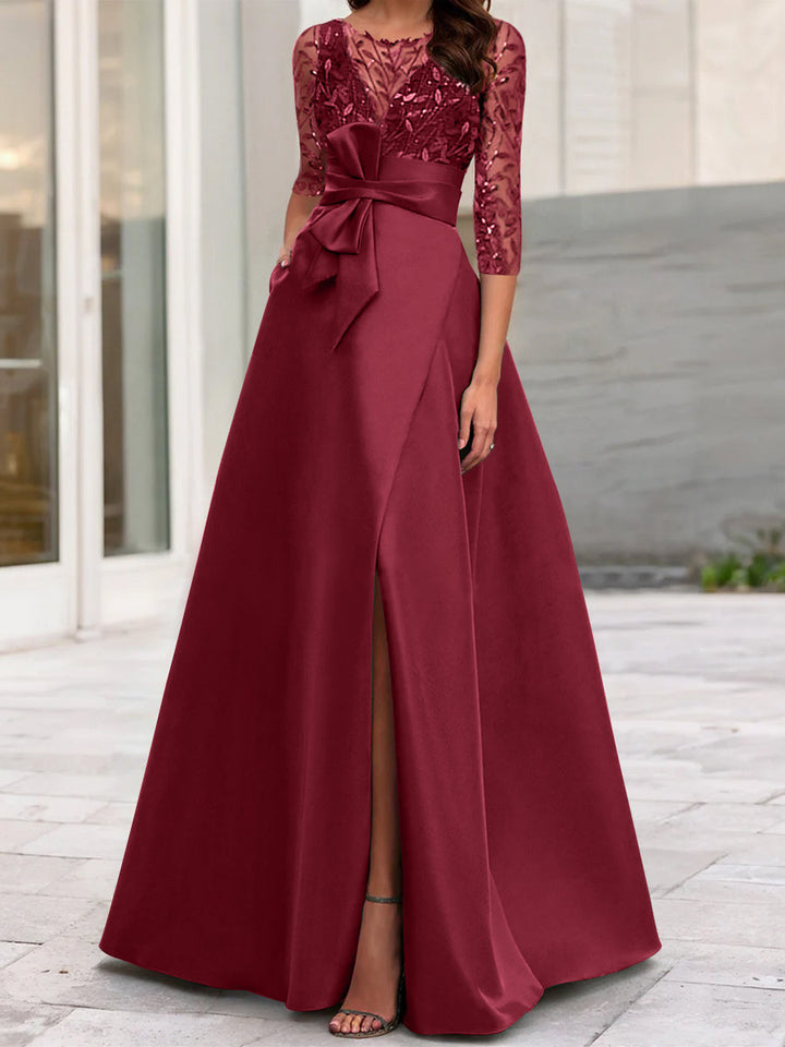 Robe de Mère de la Mariée Coupe A-Line/Princess à Encolure Illusion et Manches 3/4 avec Fente Sur le Côté