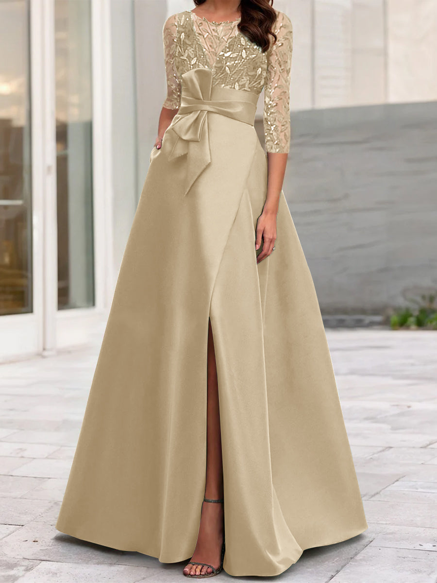Robe de Mère de la Mariée Coupe A-Line/Princess à Encolure Illusion et Manches 3/4 avec Fente Sur le Côté