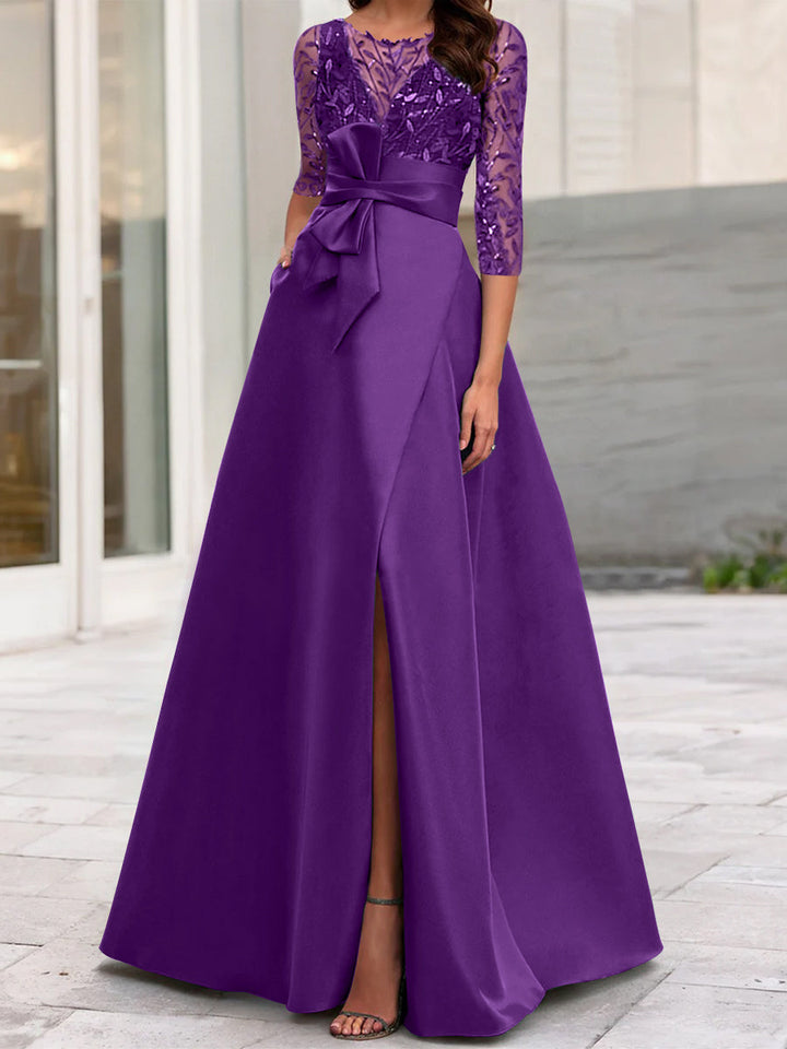 Robe de Mère de la Mariée Coupe A-Line/Princess à Encolure Illusion et Manches 3/4 avec Fente Sur le Côté