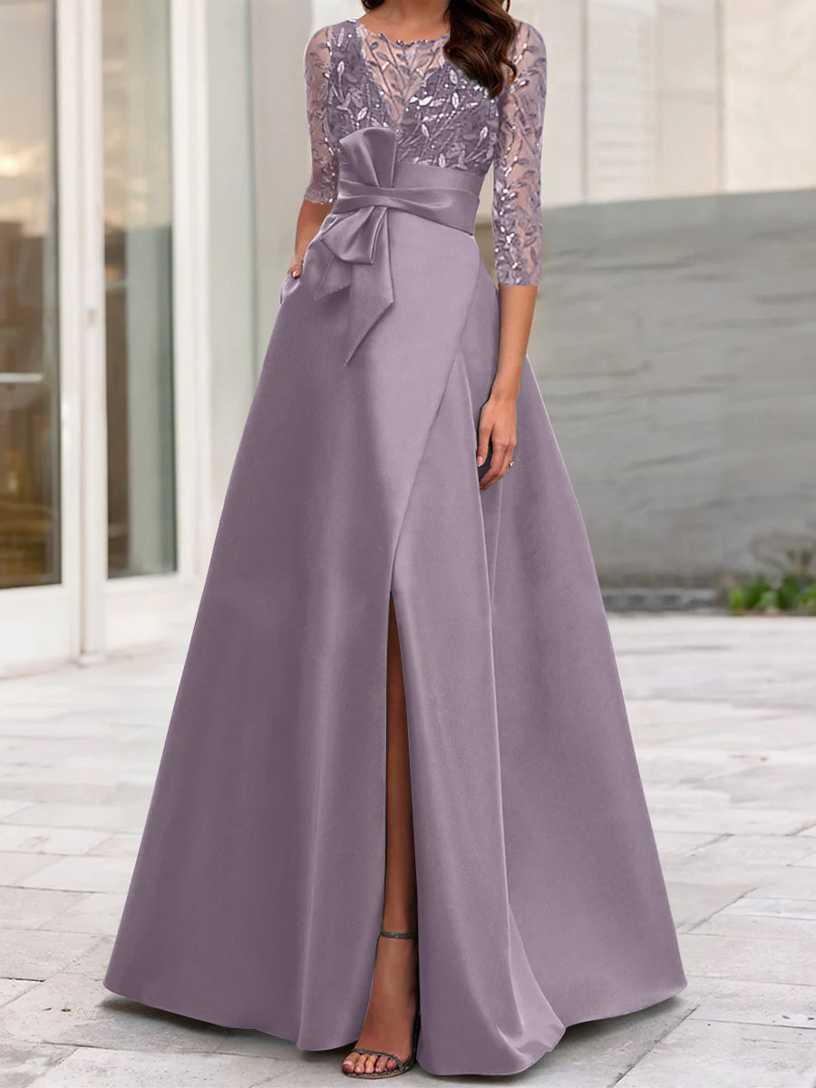 Robe de Mère de la Mariée Coupe A-Line/Princess à Encolure Illusion et Manches 3/4 avec Fente Sur le Côté