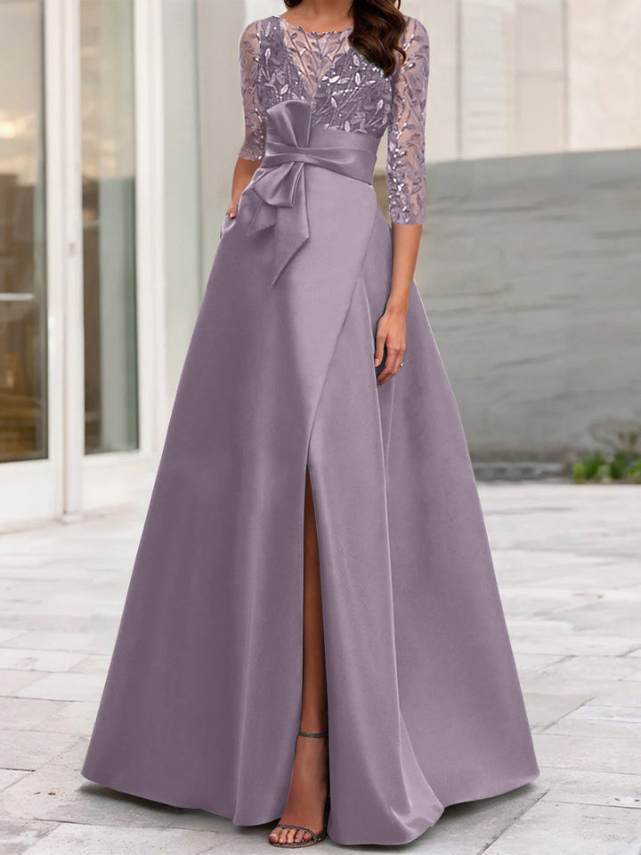 Robe de Mère de la Mariée Coupe A-Line/Princess à Encolure Illusion et Manches 3/4 avec Fente Sur le Côté