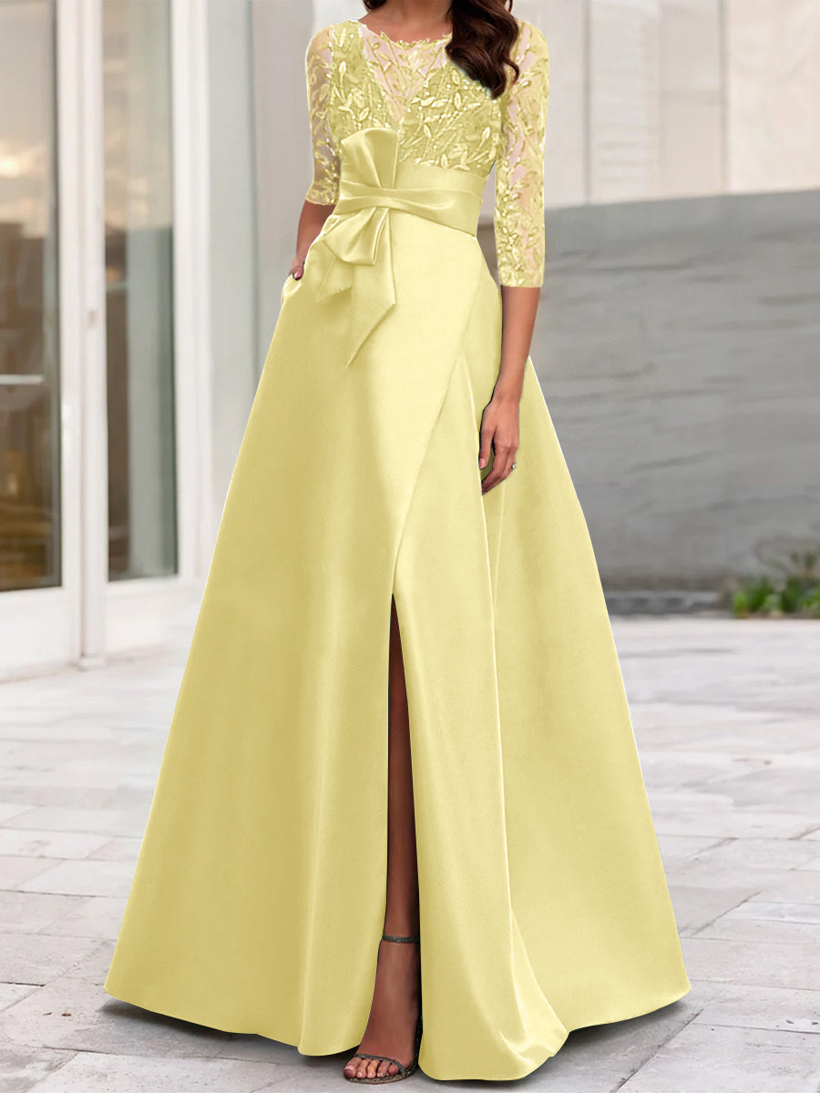 Robe de Mère de la Mariée Coupe A-Line/Princess à Encolure Illusion et Manches 3/4 avec Fente Sur le Côté