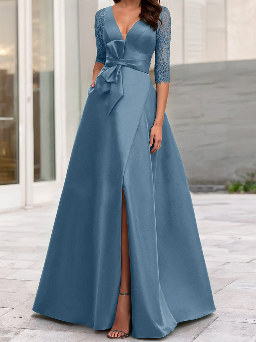 Robe de Mère de la Mariée Coupe A-Line/Princess à Col en V et Manches Mi-Longues avec Fente Sur le Côté