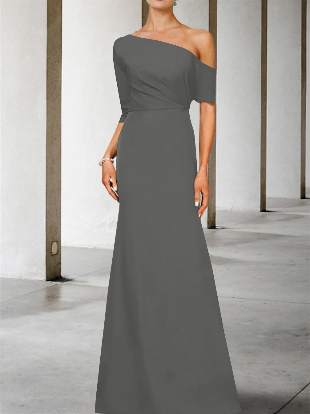 Robe de Mère de la Mariée Coupe A-Line/Princess, Asymétrique, Manches 3/4, Longueur Au Sol