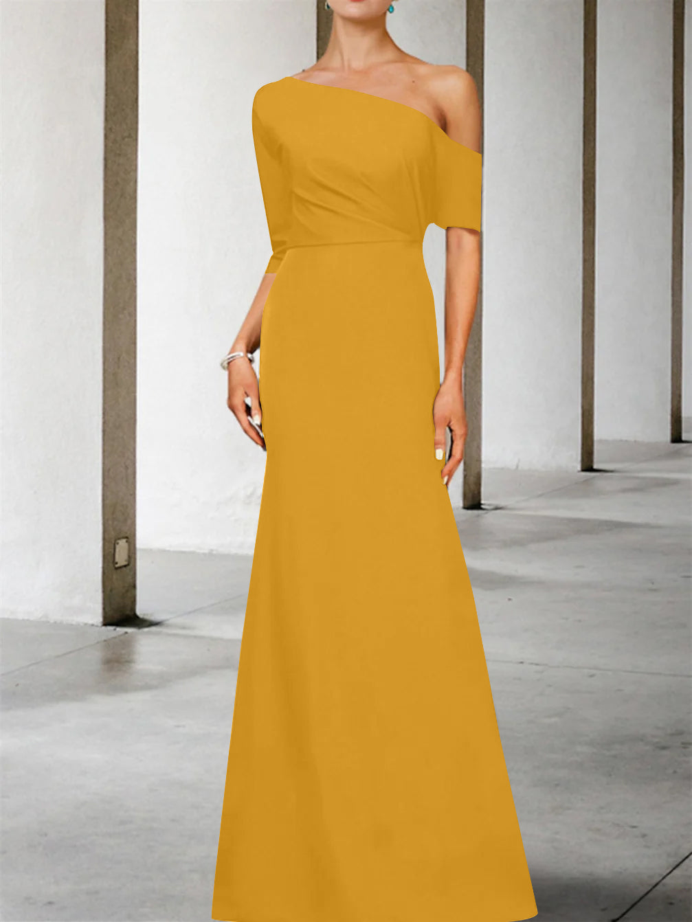 Robe de Mère de la Mariée Coupe A-Line/Princess, Asymétrique, Manches 3/4, Longueur Au Sol