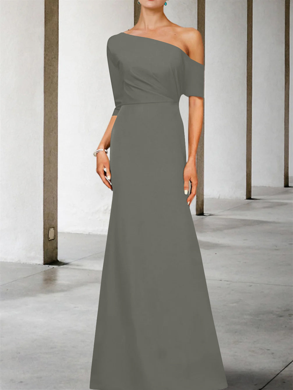 Robe de Mère de la Mariée Coupe A-Line/Princess, Asymétrique, Manches 3/4, Longueur Au Sol