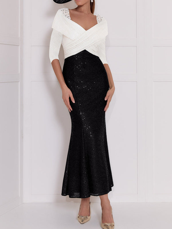 Robe de Mère de la Mariée en Paillettes, Longueur Cheville, Col en V, Manches 3/4, Style Trompette/Sirène
