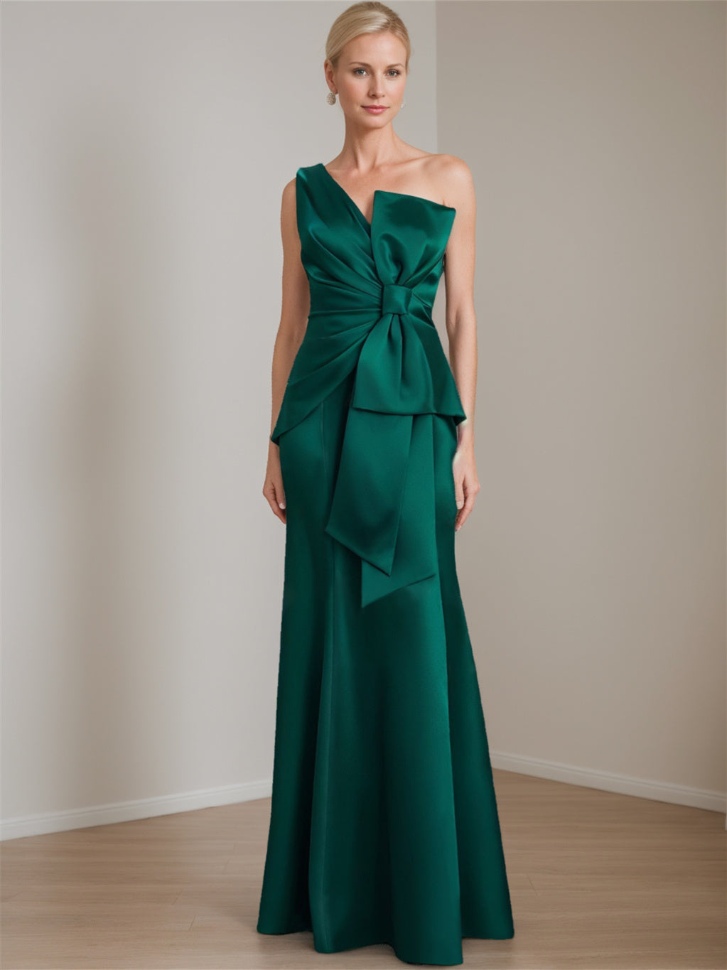 Robe de Mère de la Mariée en Satin à Une Épaule, Longueur Au Sol, Sans Manches, avec Nœud(S)