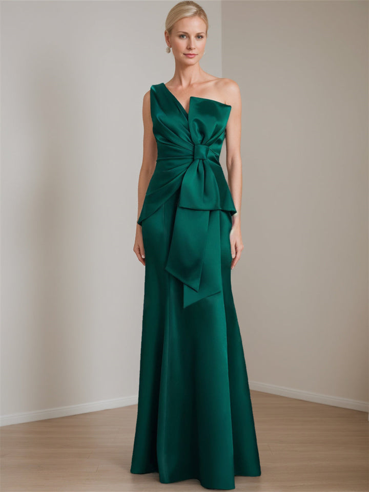 Robe de Mère de la Mariée en Satin à Une Épaule, Longueur Au Sol, Sans Manches, avec Nœud(S)