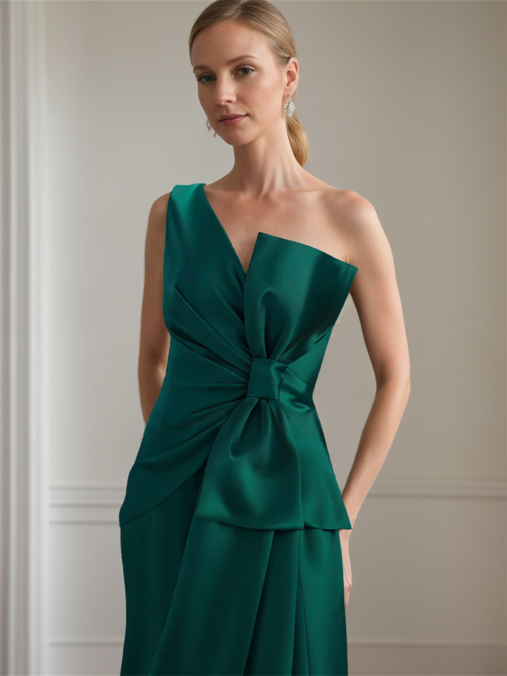 Robe de Mère de la Mariée en Satin à Une Épaule, Longueur Au Sol, Sans Manches, avec Nœud(S)