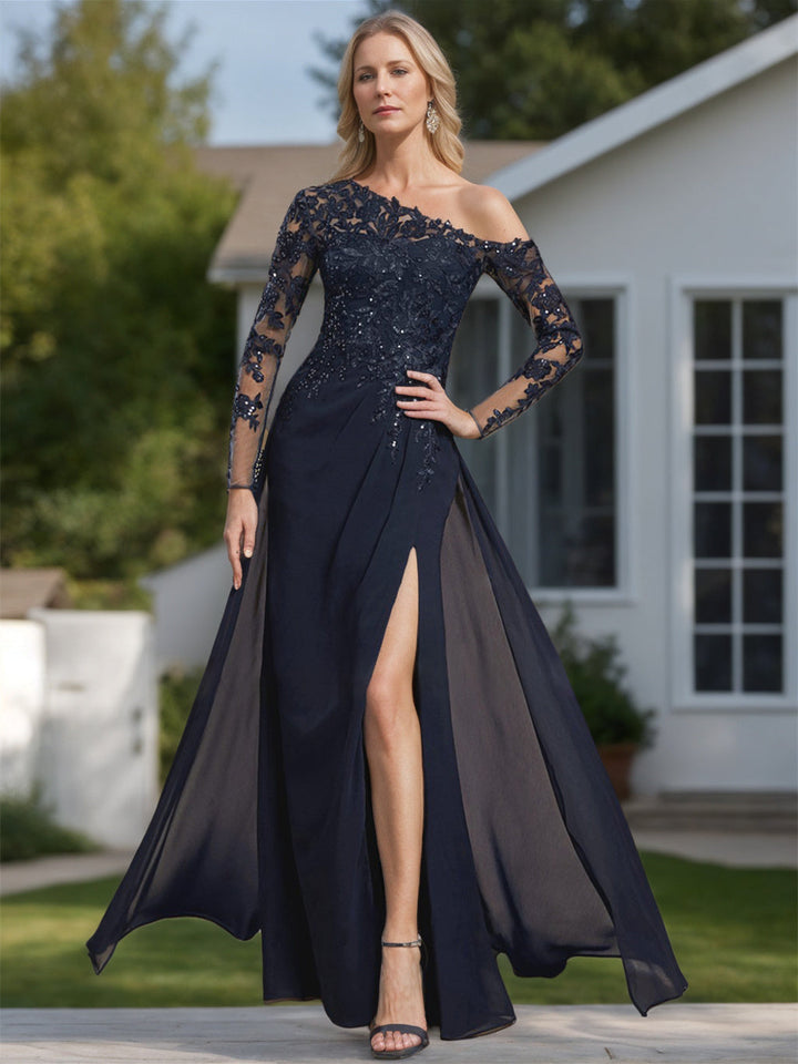 Robe de Mère de la Mariée A-Line/Princess à Une Épaule et Manches Longues, Longueur Au Sol, avec Fente Haute