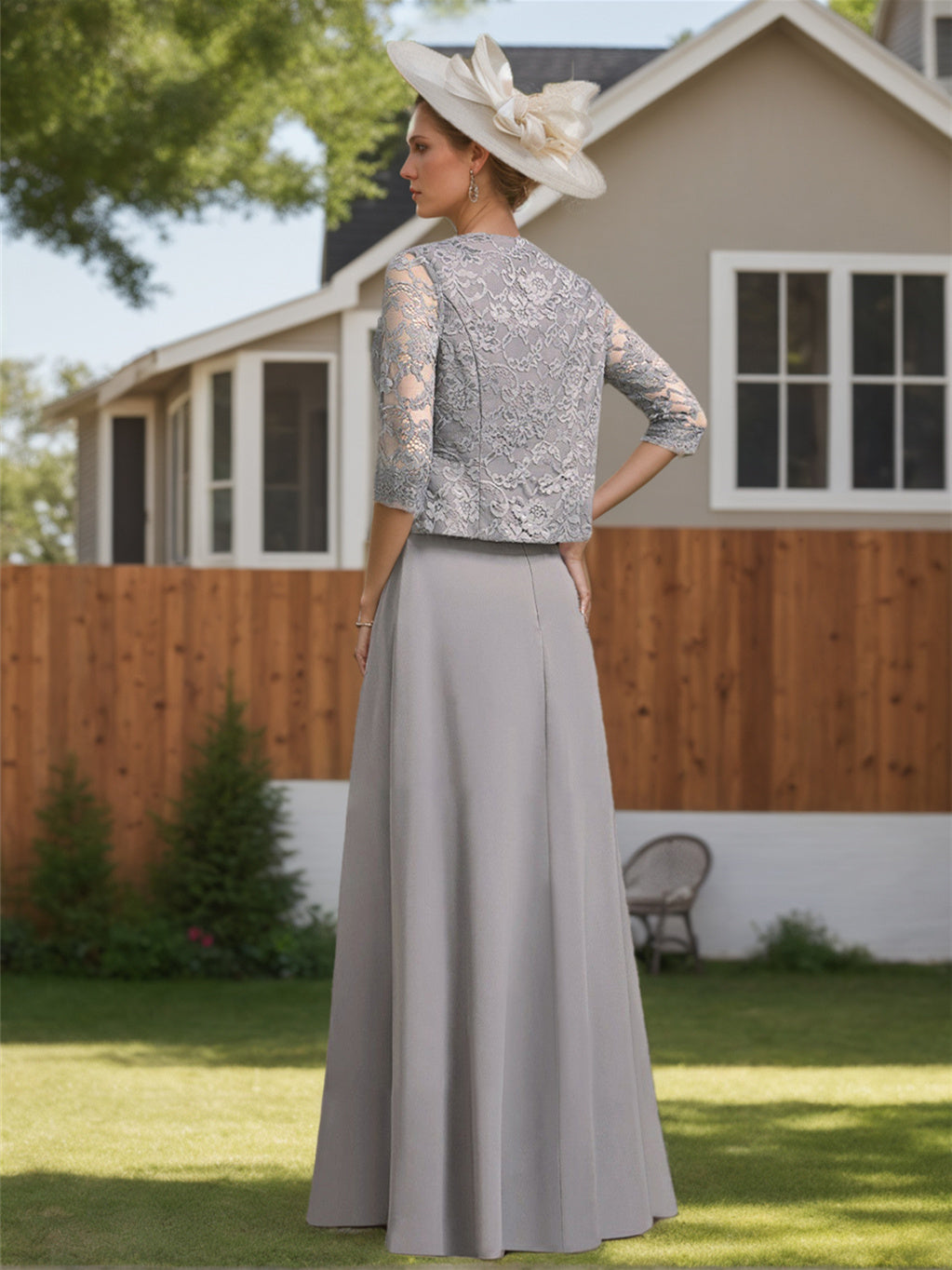 Robe de Mère de la Mariée en Mousseline de Soie, Longueur Au Sol, Manches 1/2, Décolleté en V, Dentelle