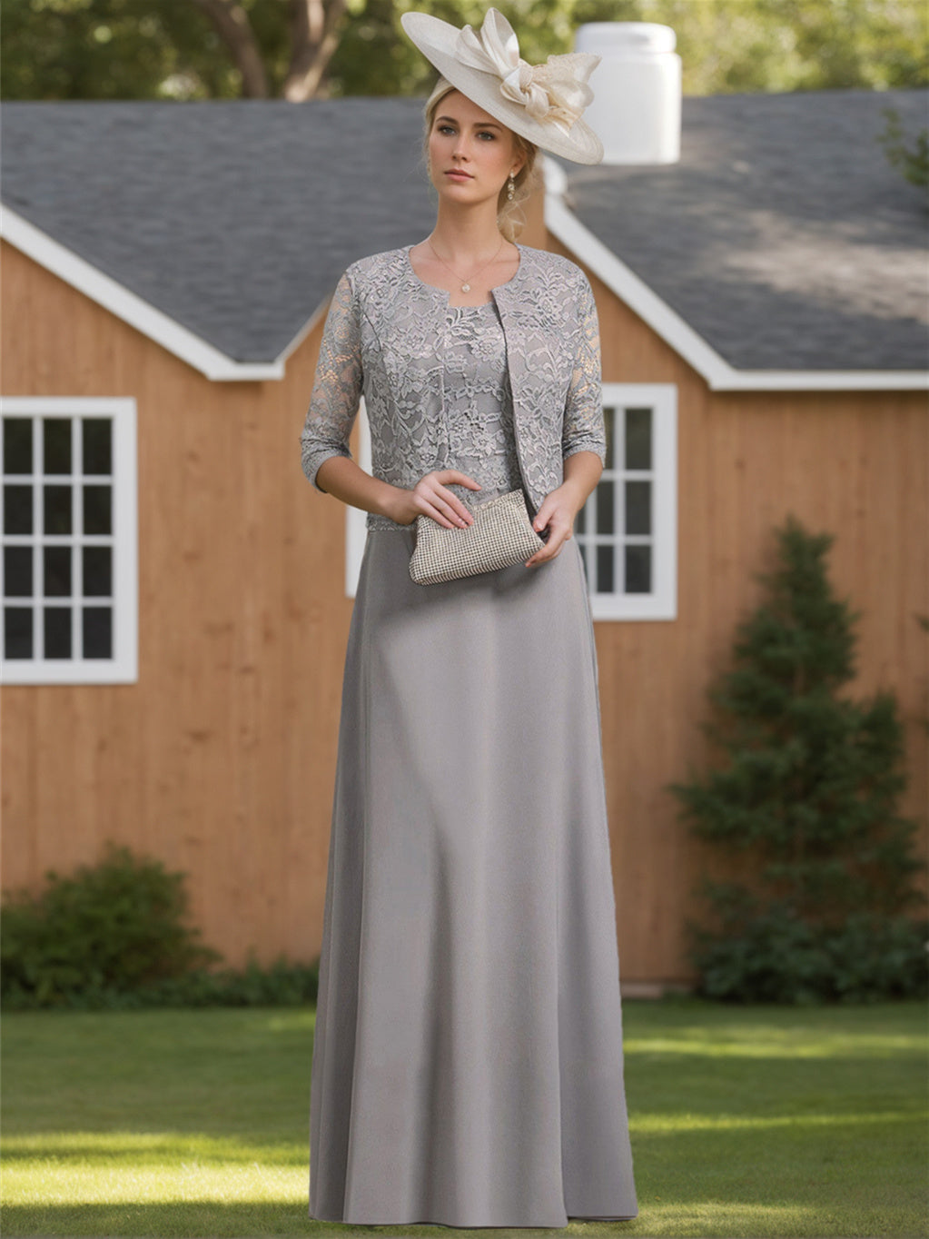 Robe de Mère de la Mariée en Mousseline de Soie, Longueur Au Sol, Manches 1/2, Décolleté en V, Dentelle