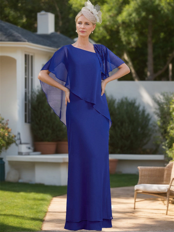 Robe de Mère de la Mariée Asymétrique à Manches Courtes en Mousseline de Soie, Longueur Au Sol, Gaine/Colonne