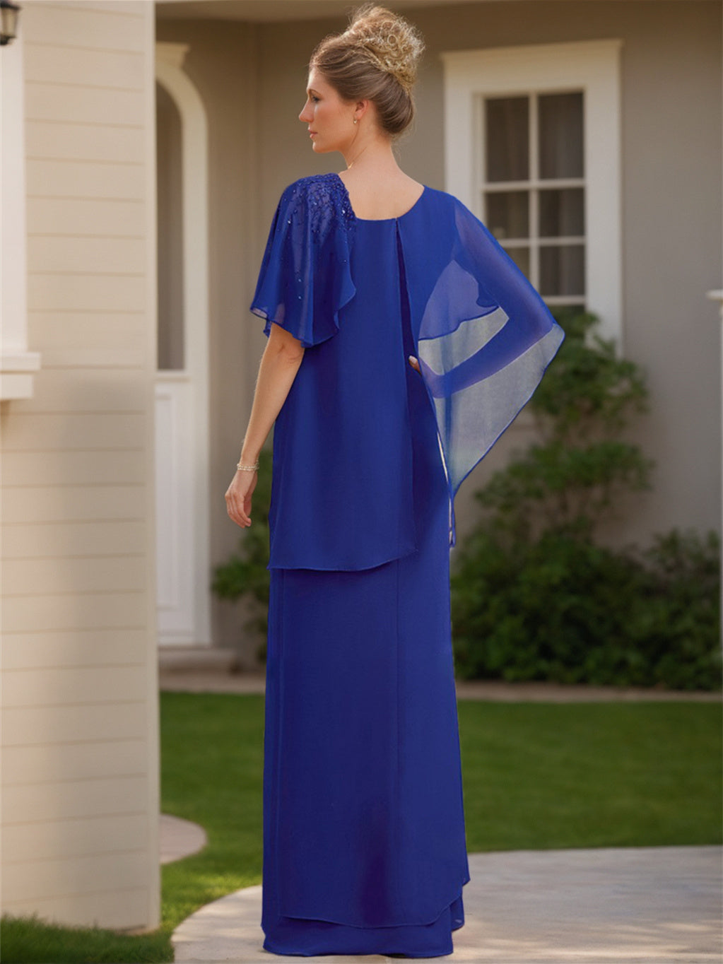 Robe de Mère de la Mariée Asymétrique à Manches Courtes en Mousseline de Soie, Longueur Au Sol, Gaine/Colonne