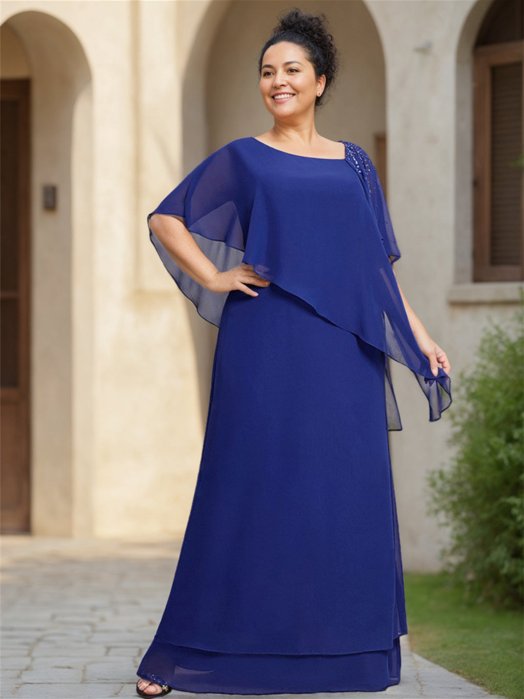 Robe de Mère de la Mariée Asymétrique à Manches Courtes en Mousseline de Soie, Longueur Au Sol, Gaine/Colonne