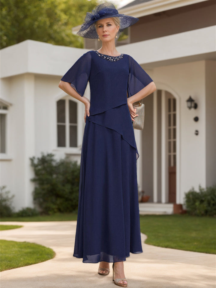 Robe de Mère de la Mariée en Mousseline de Soie Coupe A-Line/Princess, Longueur Cheville, Manches 1/2, Décolleté en V