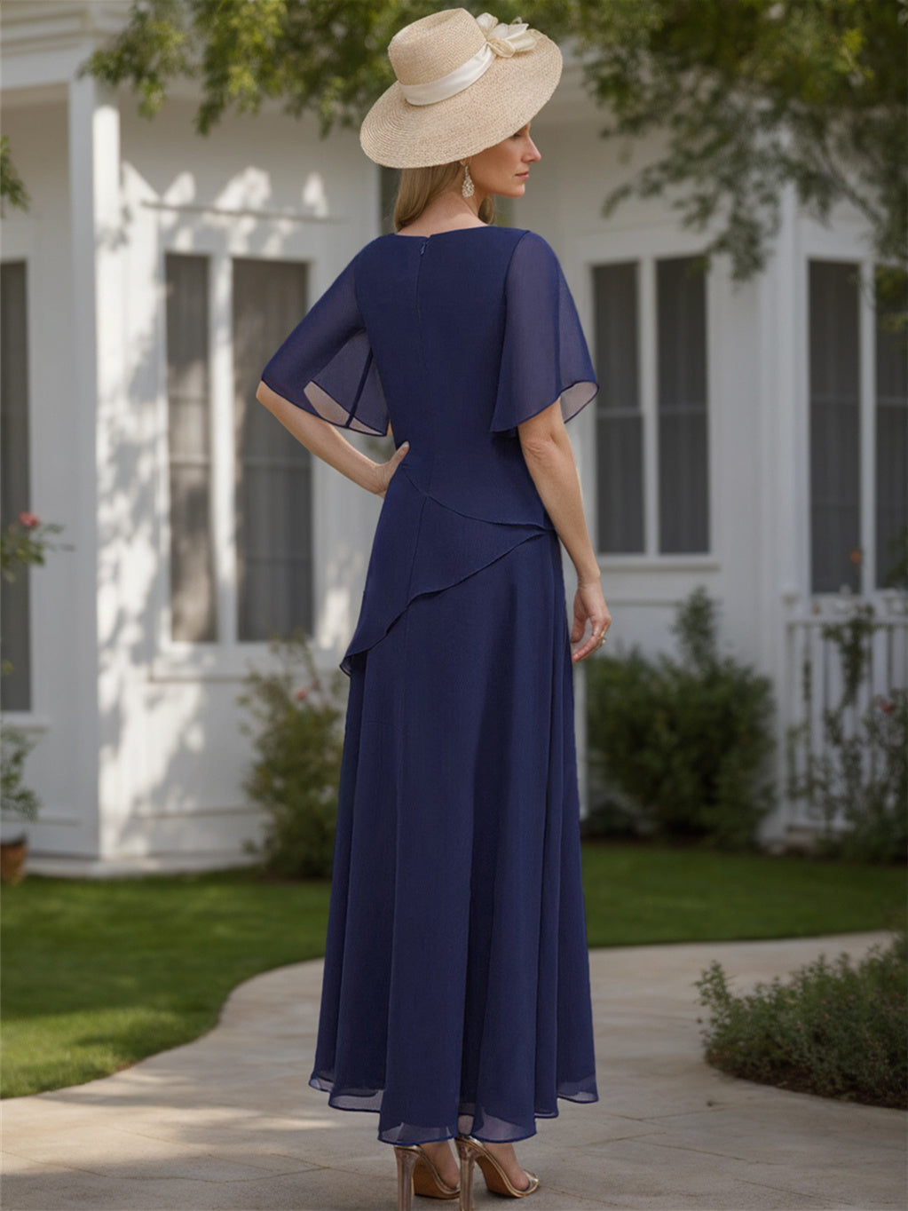 Robe de Mère de la Mariée en Mousseline de Soie Coupe A-Line/Princess, Longueur Cheville, Manches 1/2, Décolleté en V