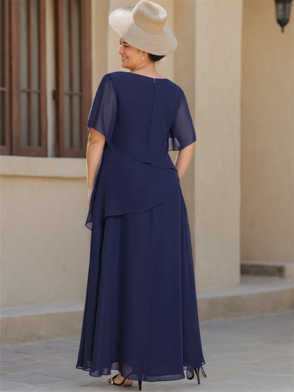Robe de Mère de la Mariée en Mousseline de Soie Coupe A-Line/Princess, Longueur Cheville, Manches 1/2, Décolleté en V